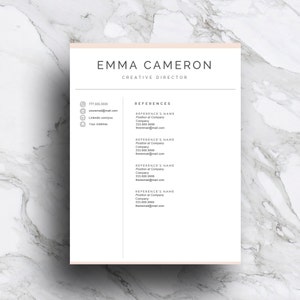 May include: A resume template with a peach background and black text. The resume is for Emma Cameron, Creative Director. The resume includes contact information, references, and a list of skills.