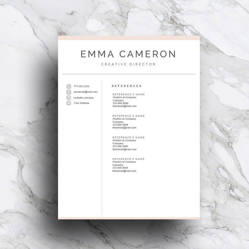May include: A resume template with a peach background and black text. The resume is for Emma Cameron, Creative Director. The resume includes contact information, references, and a list of skills.