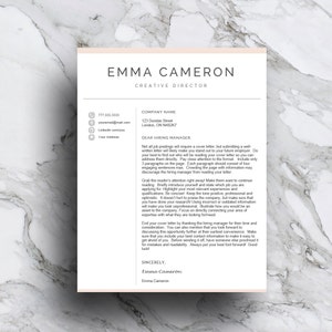 May include: A minimalist resume template with a pink background and black text. The resume is for Emma Cameron, Creative Director. The resume includes contact information, a brief introduction, and a closing statement.