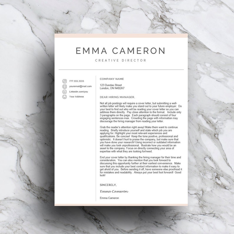 May include: A minimalist resume template with a pink background and black text. The resume is for Emma Cameron, Creative Director. The resume includes contact information, a brief introduction, and a closing statement.