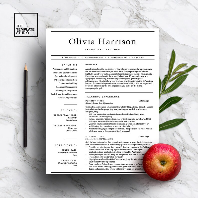 May include: A resume template for a secondary teacher. The template includes sections for expertise, profile, education, teaching experience, and certification. The template is designed to help teachers create a professional and effective resume.