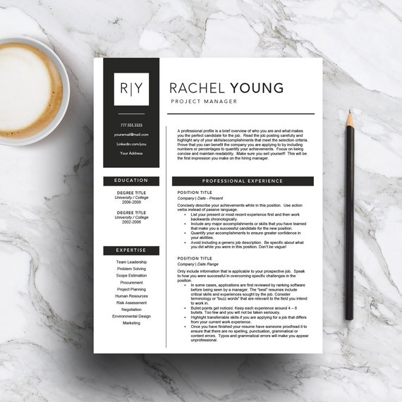 Modern Resume Template, Cover Letter, CV Template (Digital Download)