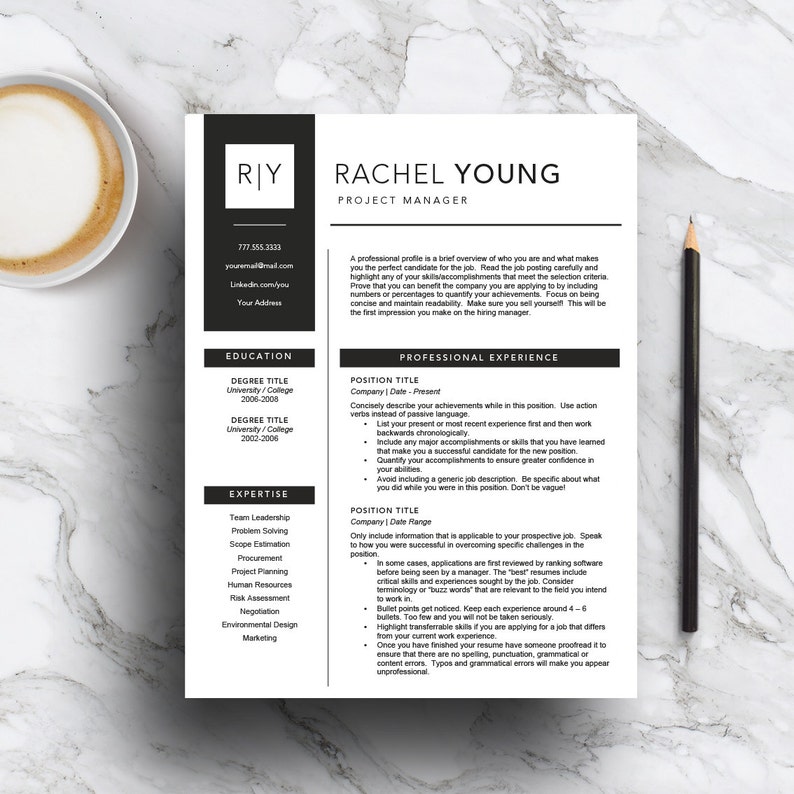 May include: Black and white resume template with the name Rachel Young and the title Project Manager. The resume includes sections for education, professional experience, and expertise.