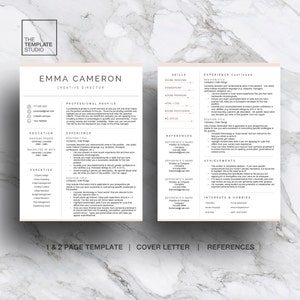 May include: A two-page CV template with a peach background and black text. The CV is for Emma Cameron, Creative Director. The CV includes sections for professional profile, education, experience, expertise, skills, references, achievements, interests, and hobbies.