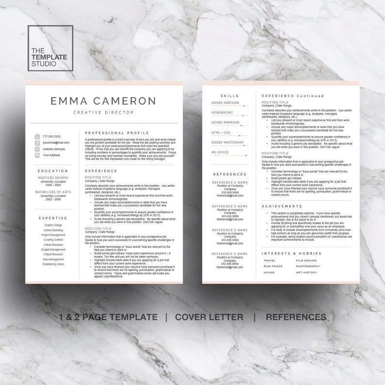 May include: A two-page CV template with a peach background and black text. The CV is for Emma Cameron, Creative Director. The CV includes sections for professional profile, education, experience, expertise, skills, references, achievements, interests, and hobbies.