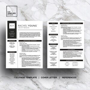 May include: A black and white resume template with the name Rachel Young, Project Manager, at the top. The resume includes sections for education, expertise, professional experience, skills, certifications, references, and achievements. The template is designed for a one or two-page resume.