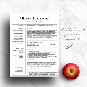 May include: A black and white resume template with the text "Olivia Harrison" and "Secondary Teacher" at the top. The resume includes sections for expertise, profile, education, teaching experience, and certification. The text "Easily insert your own content!" is in a red circle with a white arrow pointing to the resume.