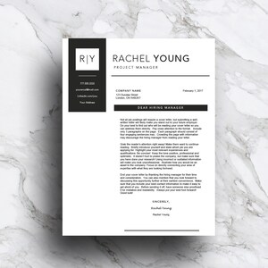May include: A black and white cover letter template with the name Rachel Young and the title Project Manager. The letter is addressed to a hiring manager and includes a professional greeting, tips for writing a cover letter, and a closing with a signature.