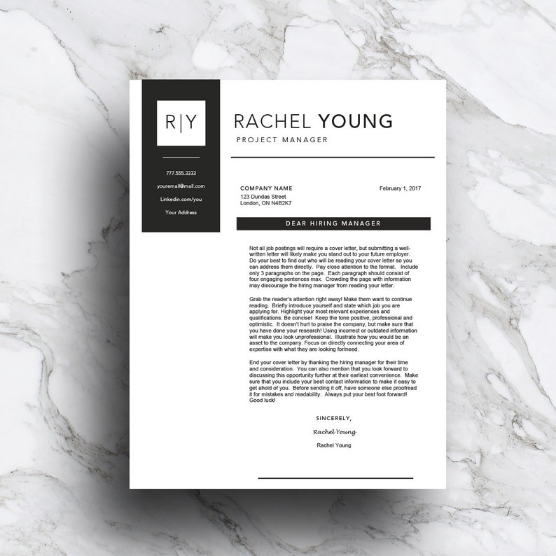 May include: A black and white cover letter template with the name Rachel Young and the title Project Manager. The letter is addressed to a hiring manager and includes a professional greeting, tips for writing a cover letter, and a closing with a signature.