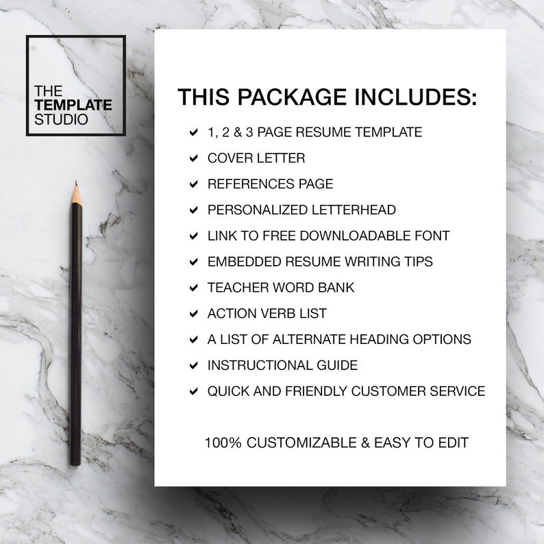 May include: A white sheet of paper with black text that reads "THIS PACKAGE INCLUDES:" followed by a list of items included in a resume package. The items include a resume template, cover letter, references page, personalized letterhead, link to a free downloadable font, embedded resume writing tips, teacher word bank, action verb list, a list of alternate heading options, instructional guide, quick and friendly customer service, and 100% customizable and easy to edit.
