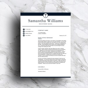 May include: A black and white cover letter template for a registered nurse. The template includes a header with the nurse's name, contact information, and the company name. The body of the letter provides tips for writing a cover letter.