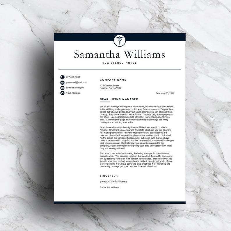 May include: A black and white cover letter template for a registered nurse. The template includes a header with the nurse's name, contact information, and the company name. The body of the letter provides tips for writing a cover letter.