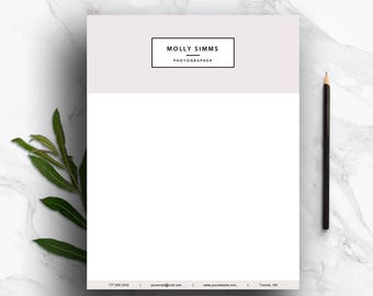 May include: A white letterhead with a black border and the text "MOLLY SIMMS PHOTOGRAPHER" in a black rectangle at the top. The bottom of the letterhead has the text "777 555 3333 | youremail@mail.com | www.yourwebsite.com | Toronto, ON".