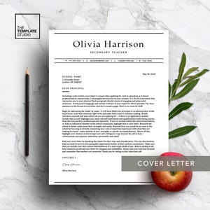 May include: A black and white cover letter template for a secondary teacher job application. The template includes a sample cover letter with a professional layout and a section for the applicant's contact information. The text includes tips for writing a cover letter, such as addressing the reader by name, highlighting relevant experience, and keeping the tone positive and professional.