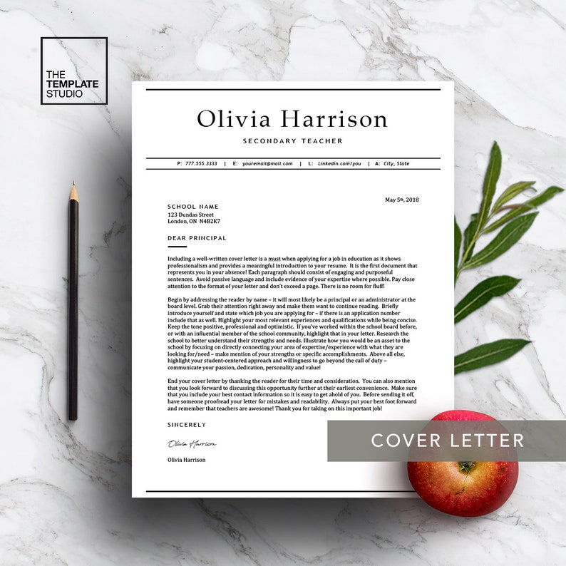 May include: A black and white cover letter template for a secondary teacher job application. The template includes a sample cover letter with a professional layout and a section for the applicant's contact information. The text includes tips for writing a cover letter, such as addressing the reader by name, highlighting relevant experience, and keeping the tone positive and professional.