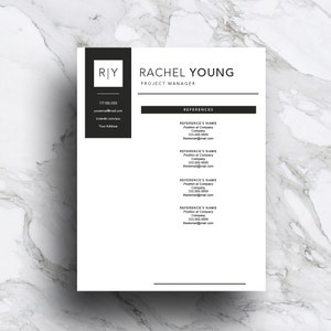 May include: A black and white resume template with the name Rachel Young and the title Project Manager. The resume includes contact information and a section for references.