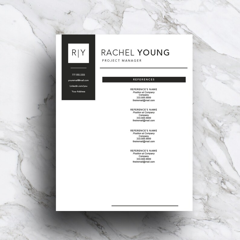 May include: A black and white resume template with the name Rachel Young and the title Project Manager. The resume includes contact information and a section for references.