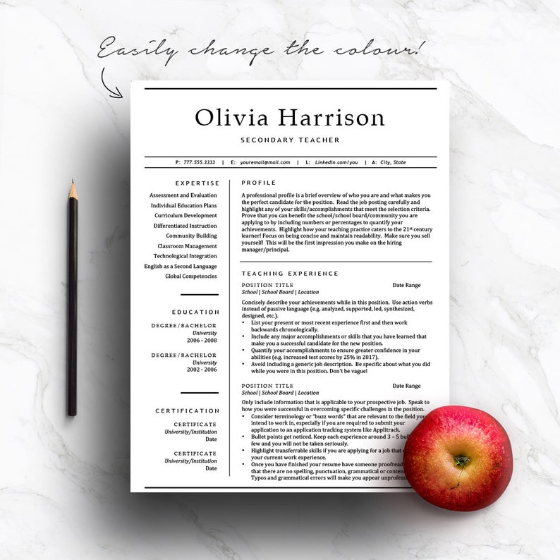 May include: A black and white resume template with the title "Olivia Harrison, Secondary Teacher". The resume includes sections for expertise, profile, education, teaching experience, and certification.