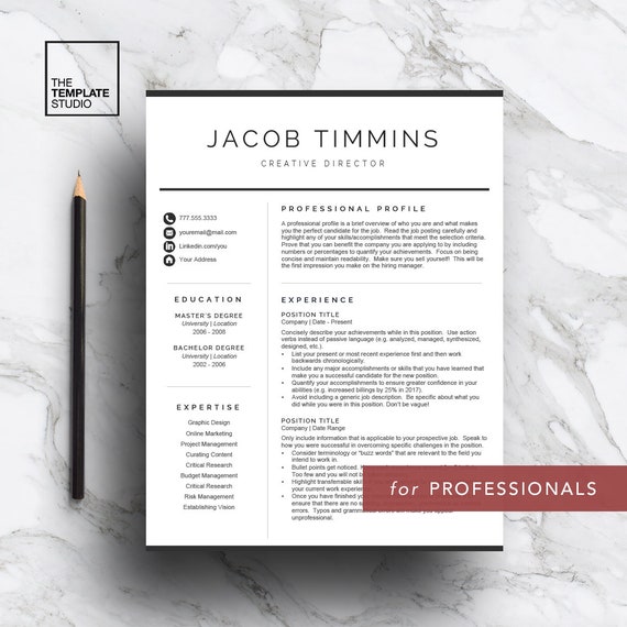 professional resume template for word pages curriculum etsy