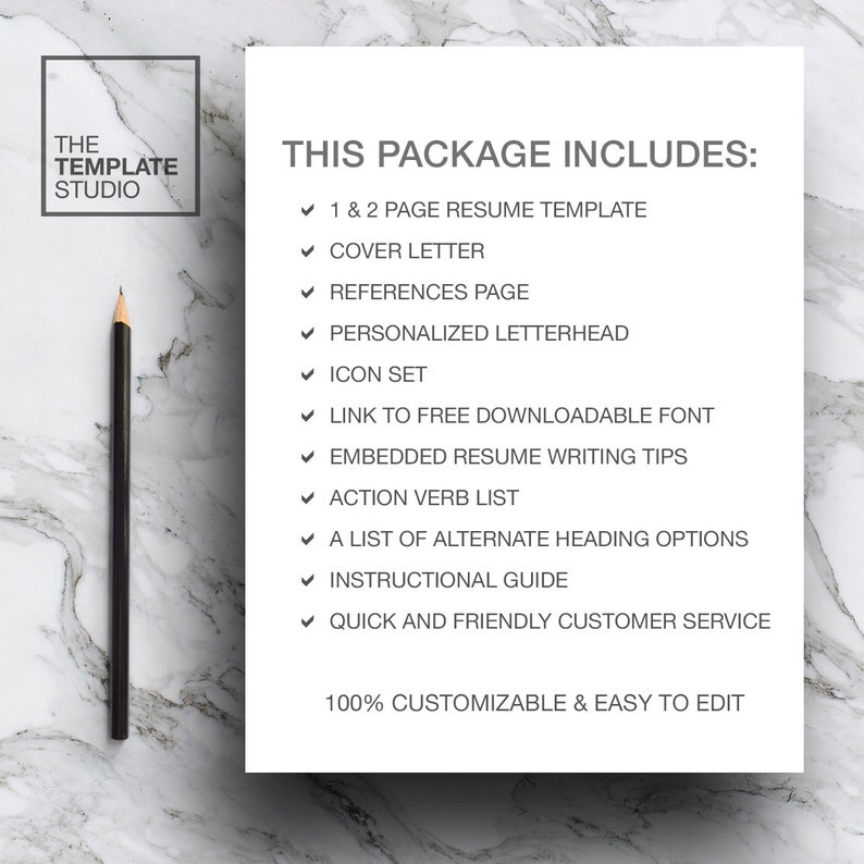 May include: A white sheet of paper with the text "THIS PACKAGE INCLUDES:" and a list of items included in a resume package. The items include a 1 & 2 page resume template, cover letter, references page, personalised letterhead, icon set, link to free downloadable font, embedded resume writing tips, action verb list, a list of alternate heading options, instructional guide, quick and friendly customer service, and 100% customizable & easy to edit.