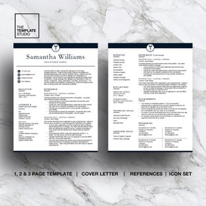 May include: A black and white resume template with a medical symbol and the text "Samantha Williams, Registered Nurse". The resume includes sections for education, licenses and certifications, expertise, experience, affiliations, technical skills, language skills, achievements, and references.