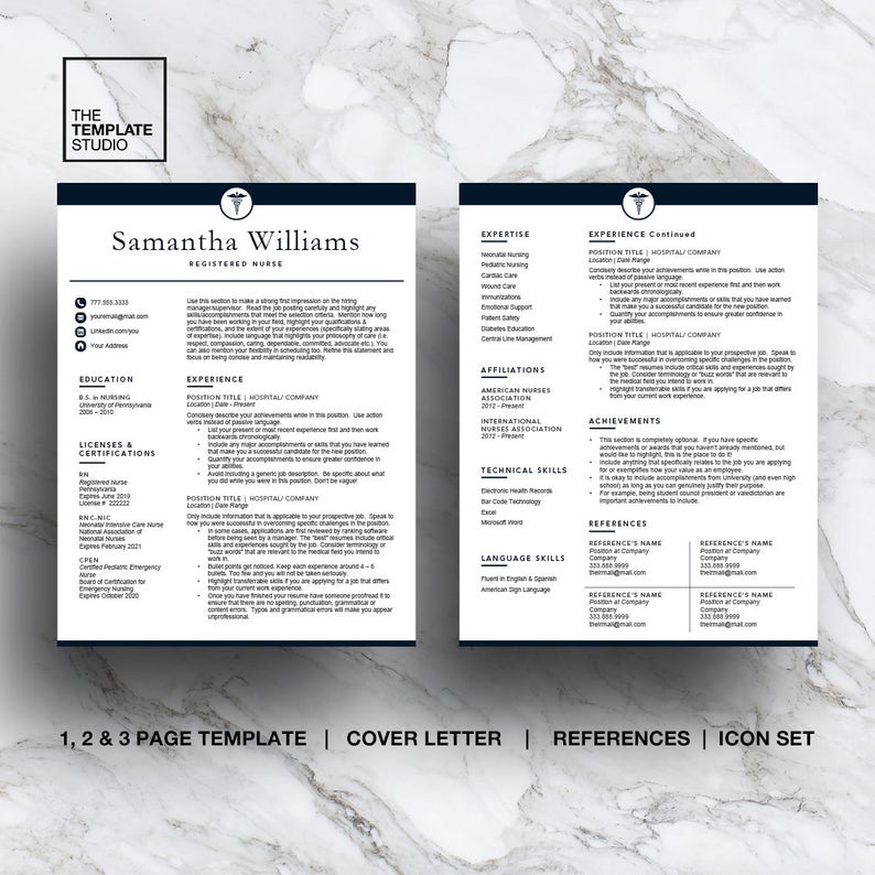 May include: A black and white resume template with a medical symbol and the text "Samantha Williams, Registered Nurse". The resume includes sections for education, licenses and certifications, expertise, experience, affiliations, technical skills, language skills, achievements, and references.