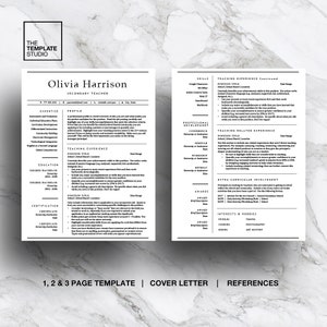 May include: A black and white resume template with the title "Olivia Harrison, Secondary Teacher". The resume includes sections for expertise, education, certification, teaching experience, teaching related experience, extra-curricular involvement, interests and hobbies, skills, professional development, and awards.