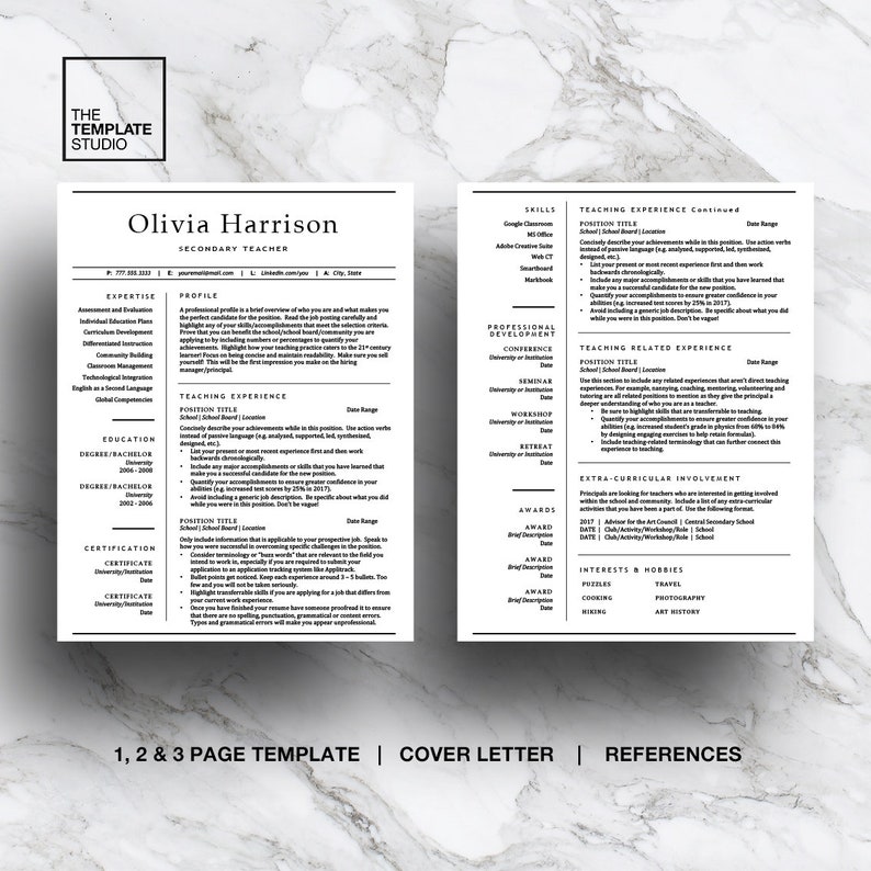 May include: A black and white resume template with the title "Olivia Harrison, Secondary Teacher". The resume includes sections for expertise, education, certification, teaching experience, teaching related experience, extra-curricular involvement, interests and hobbies, skills, professional development, and awards.