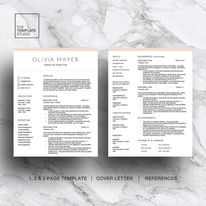 May include: A black and white resume template with the name Olivia Mayer, Creative Director, at the top. The resume includes sections for profile, education, experience, expertise, professional development, certifications, awards, achievements, interests and hobbies.