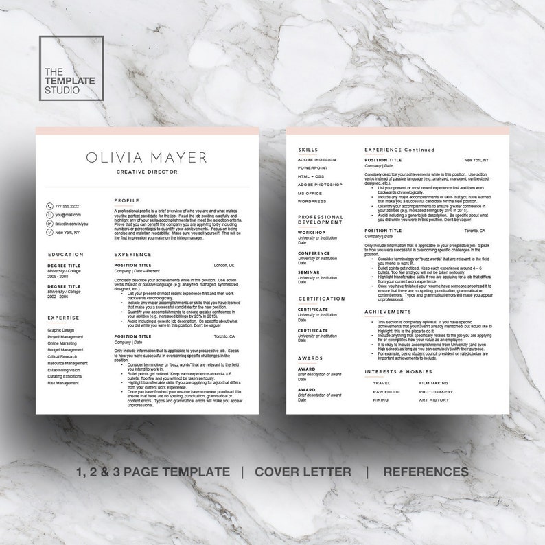 May include: A black and white resume template with the name Olivia Mayer, Creative Director, at the top. The resume includes sections for profile, education, experience, expertise, professional development, certifications, awards, achievements, interests and hobbies.