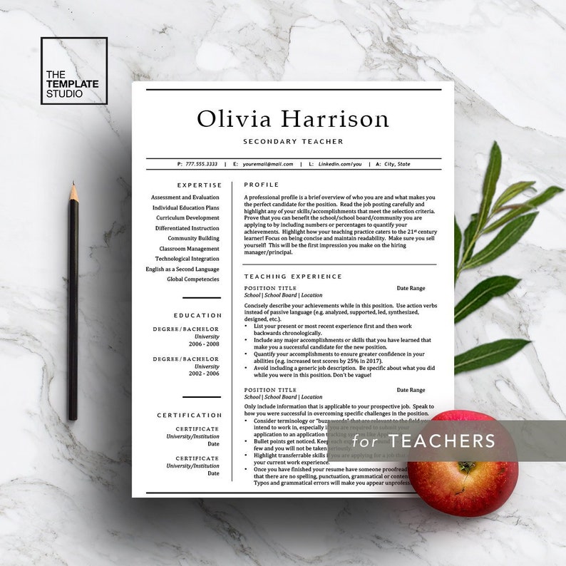 May include: A resume template designed for teachers, with a red apple graphic and the text "for TEACHERS" in white.