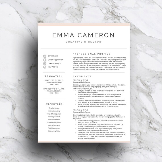 Pink Resume Template Set for Word, Cover Letter (Instant Download)