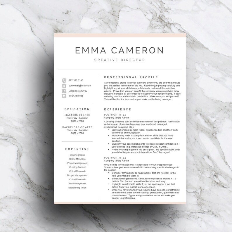 May include: A resume template with a peach background and black text. The resume is for Emma Cameron, Creative Director. The resume includes sections for professional profile, education, expertise, and experience.