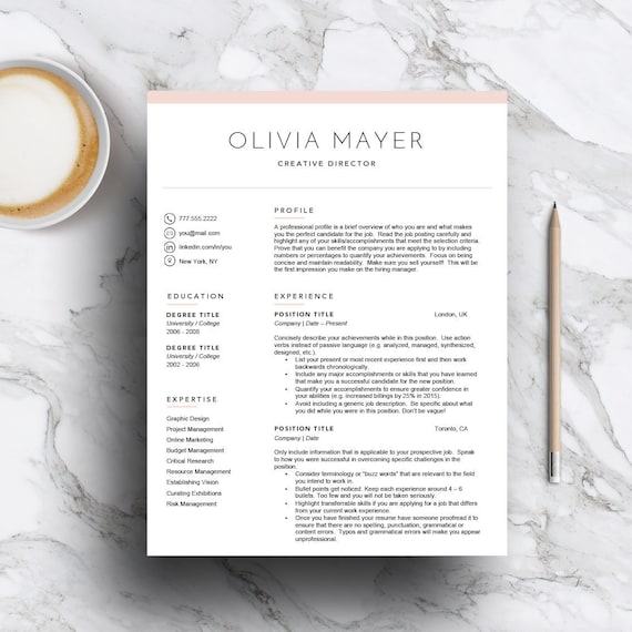 Creative Pink Resume Template, Cover Letter (Instant Download)