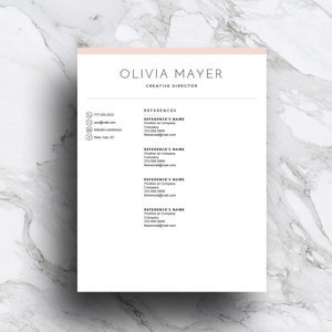 May include: A black and white resume template with the name Olivia Mayer and the title Creative Director. The resume includes contact information, such as email address, phone number, and LinkedIn profile, as well as a section for references.