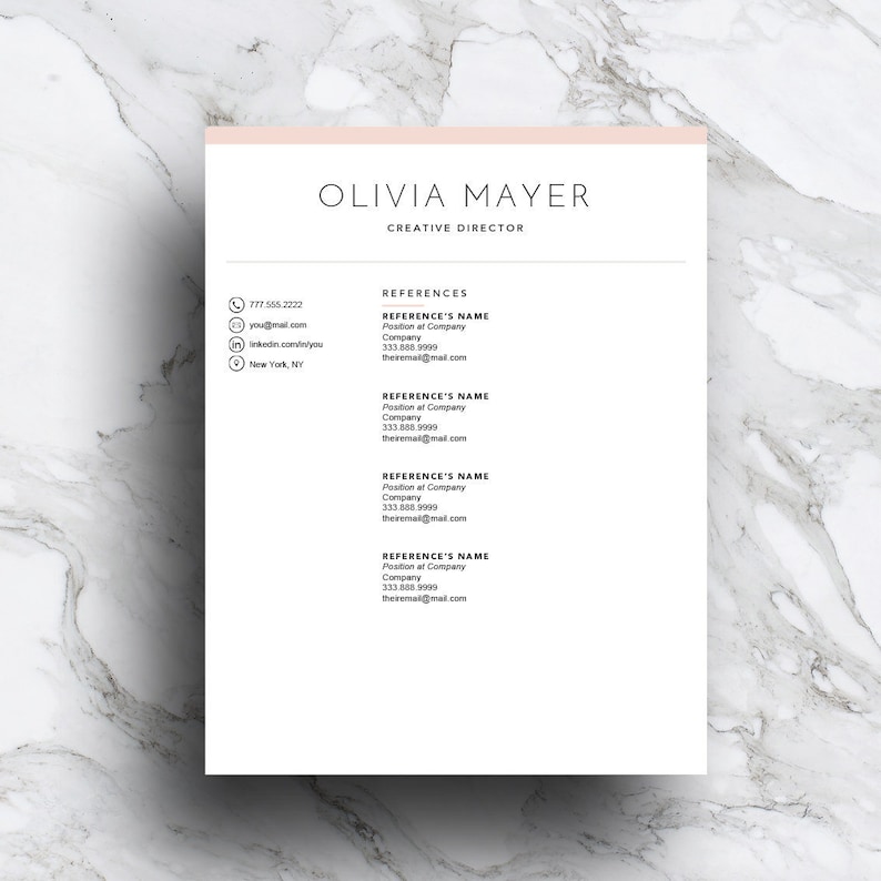 May include: A black and white resume template with the name Olivia Mayer and the title Creative Director. The resume includes contact information, such as email address, phone number, and LinkedIn profile, as well as a section for references.