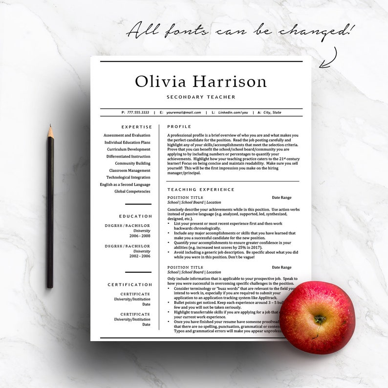 May include: A resume template for a secondary teacher. The template includes sections for expertise, profile, education, teaching experience, and certification. The template is designed to help teachers create a professional and effective resume.
