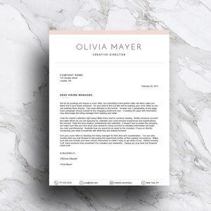 May include: A minimalist cover letter template with a pink header and black text. The letter is addressed to a hiring manager and includes tips for writing a strong cover letter. The letter is signed "Olivia Mayer" and includes contact information.