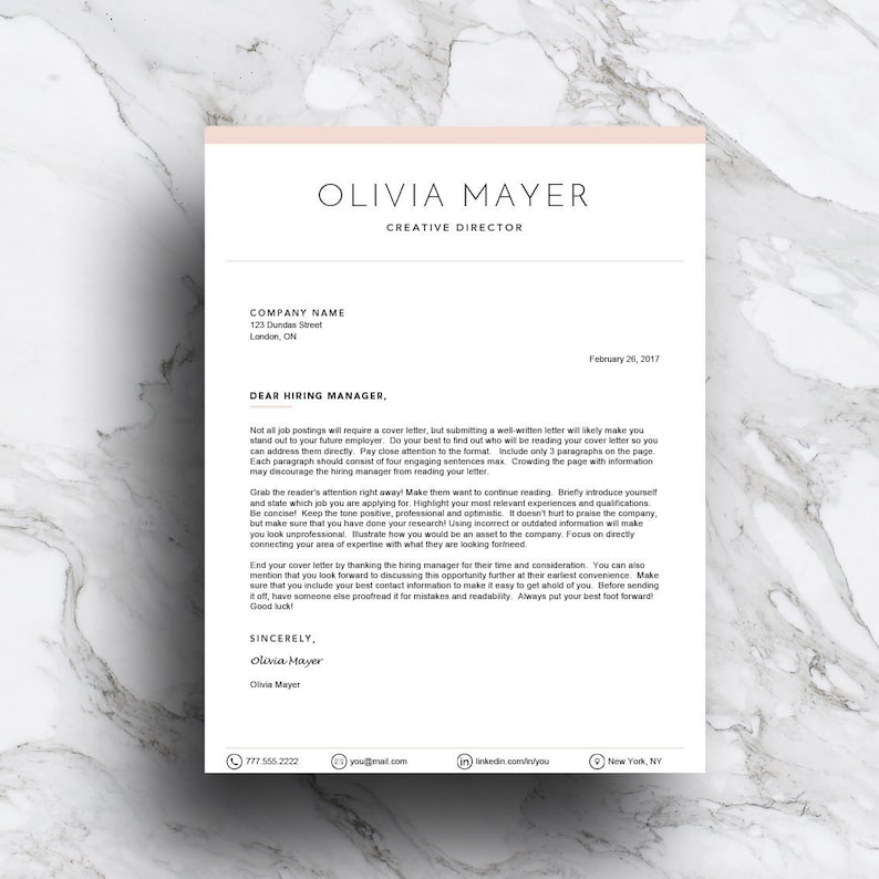 May include: A minimalist cover letter template with a pink header and black text. The letter is addressed to a hiring manager and includes tips for writing a strong cover letter. The letter is signed "Olivia Mayer" and includes contact information.