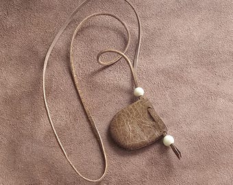 Small Leather Medicine Bag Necklace - Dark Tan