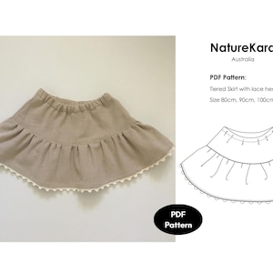 Girl&#39;s Tiered Skirt Digital PDF Sewing Pattern and Tutorial, Cute Laced Skirt, for Baby and Toddler. 80cm, 90cm, 100cm