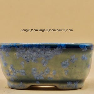 Peut inclure: Pot de bonsaï rectangulaire en céramique avec une base vert clair et des accents bleus. Le pot mesure 6,2 cm de long, 5,2 cm de large et 2,7 cm de haut. Le bord et l'intérieur ont un glaçage bleu foncé.