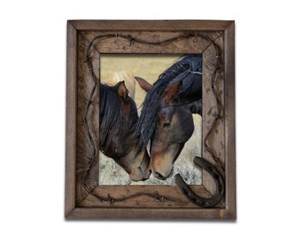 Handmade Wood Picture Frame: Horseshoe & Barb Wire, Rustic Western Decor