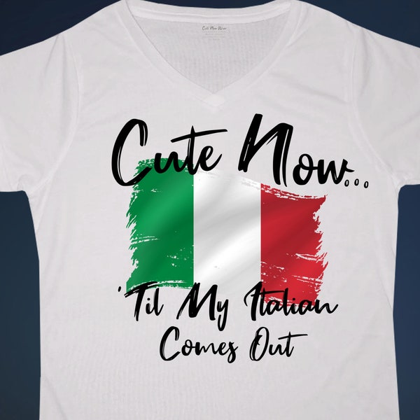 Ladies Italy V-neck T-shirt "Cute Now... 'Til My Italian Comes Out" Womens White Short Sleeve Shirt Top S-XXL Rome Venice Milan Flag