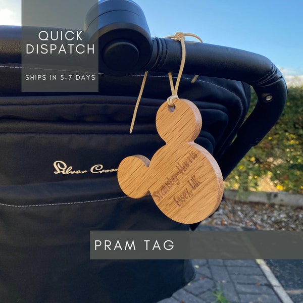 Stroller Sign, Buggy Tag, Pram Identification Tag, Solid Hardwood, Engraved, Family Name Tag, Oak Wood, Handcrafted in the UK