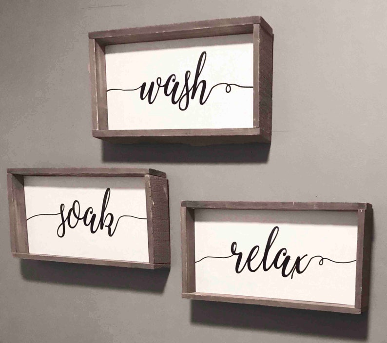 Farmhouse Bathroom Decor Whitewash Wood Sign Set of Three Rustic Sign Soak Wash Relax