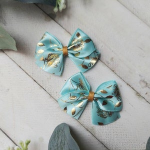 mint with gold polyester dog bow with non latex groomer bands, pair of dog bows, gummiband, small bow for dog, mint dog bows