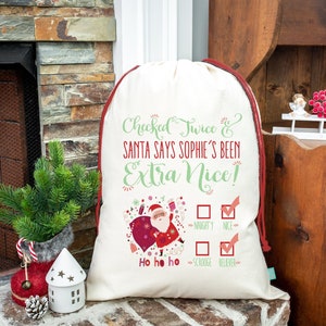 Personalisierte Weihnachtsmann Sack -Santa zweimal überprüft Sonderlieferung - Weihnachtsgeschenke vom Weihnachtsmann -Weihnachtsgeschenktasche mit dem Namen der Kinder