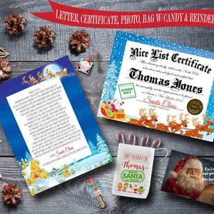 Paquete navideño de Papá Noel en trineo: carta de Papá Noel, certificado de buena conducta, bolsa de regalo de elfo y foto de Papá Noel