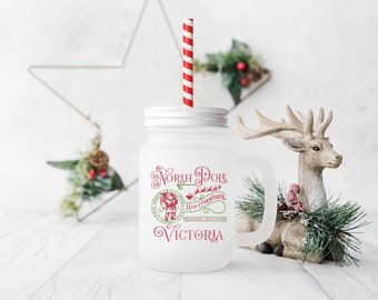 Gepersonaliseerde mok kerstmanmelk: noordpool warme chocolademelk frosted mason jar
